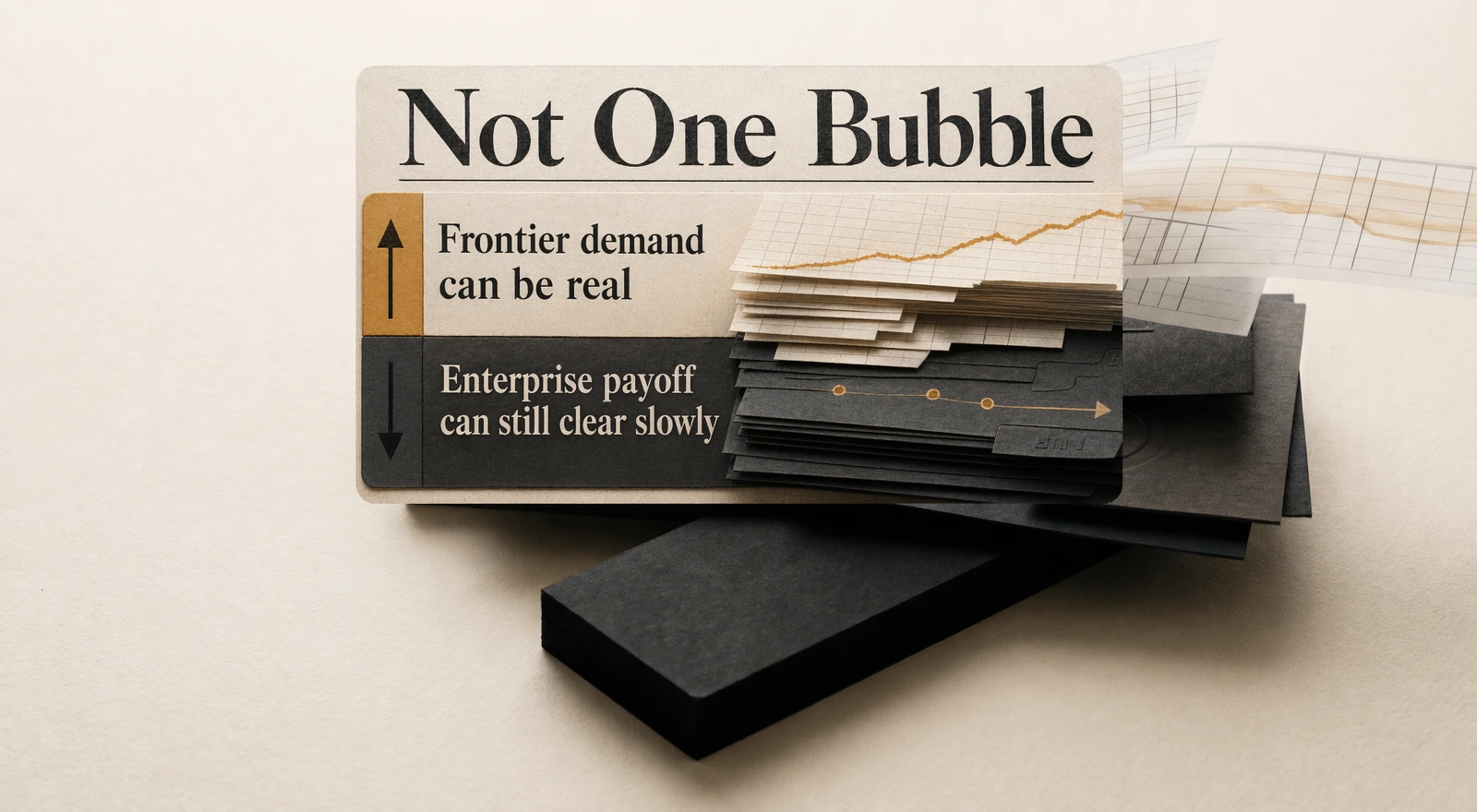 Asymmetrical editorial composition showing a fast, bright frontier layer above a slower organizational substrate