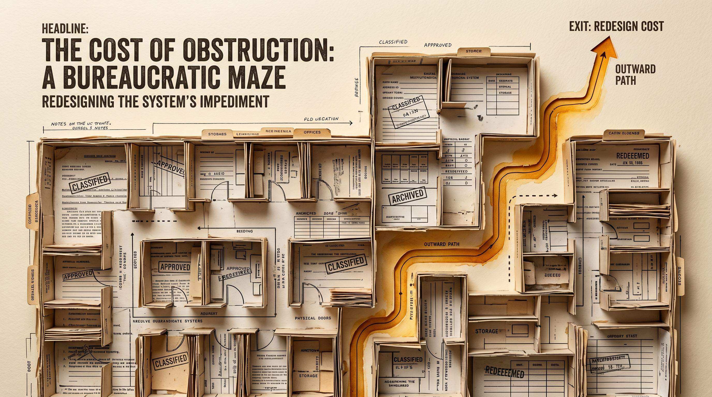 editorial floor plan on warm paper built from archives, approvals, and routed documents, with one outward path
