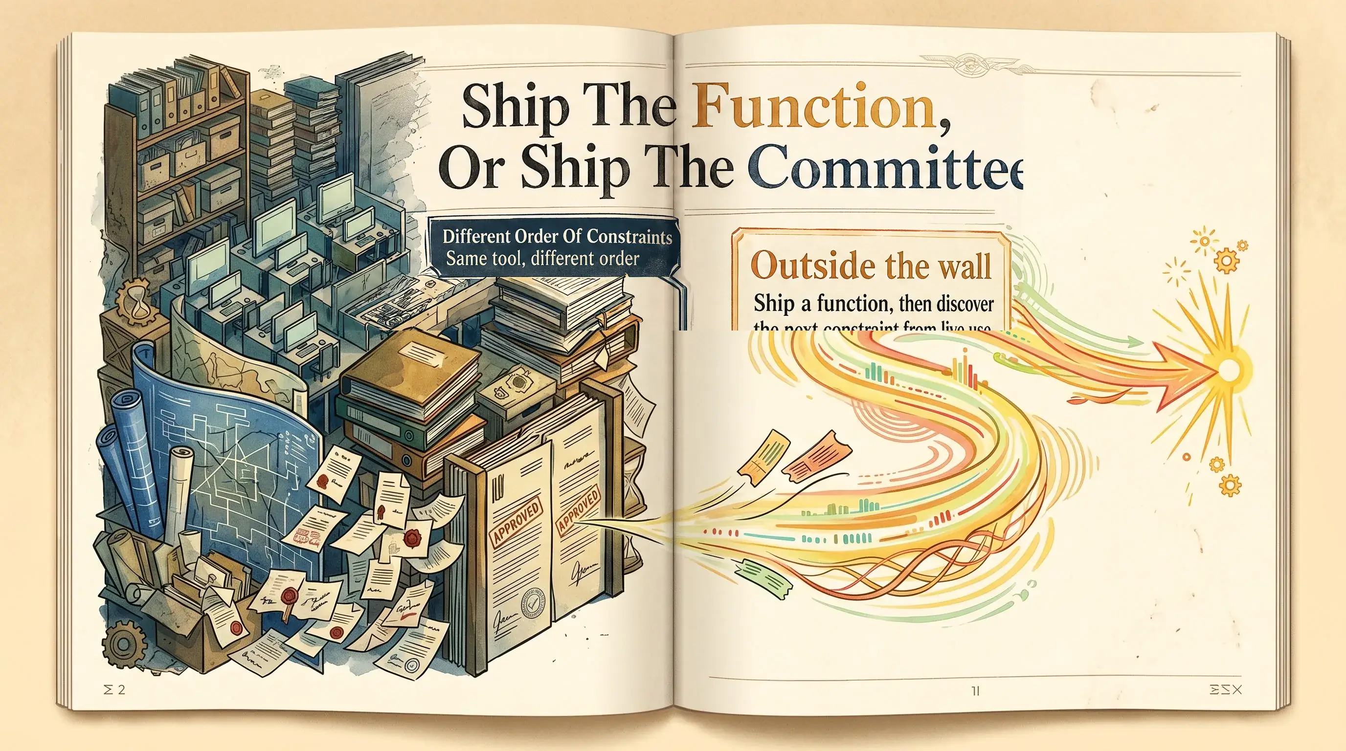 Split editorial composition showing a working function routed into live use on one side and committee files arriving before the function on the other