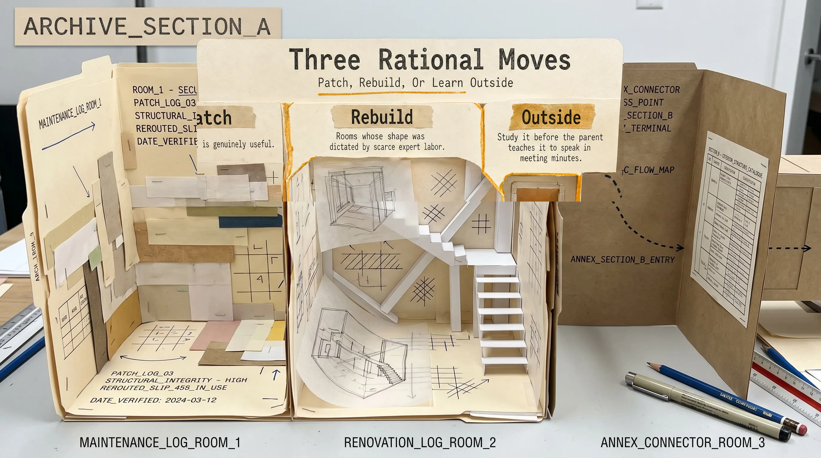 Paper fortress with three distinct rooms or exits for patching, rebuilding, and studying an outside experiment