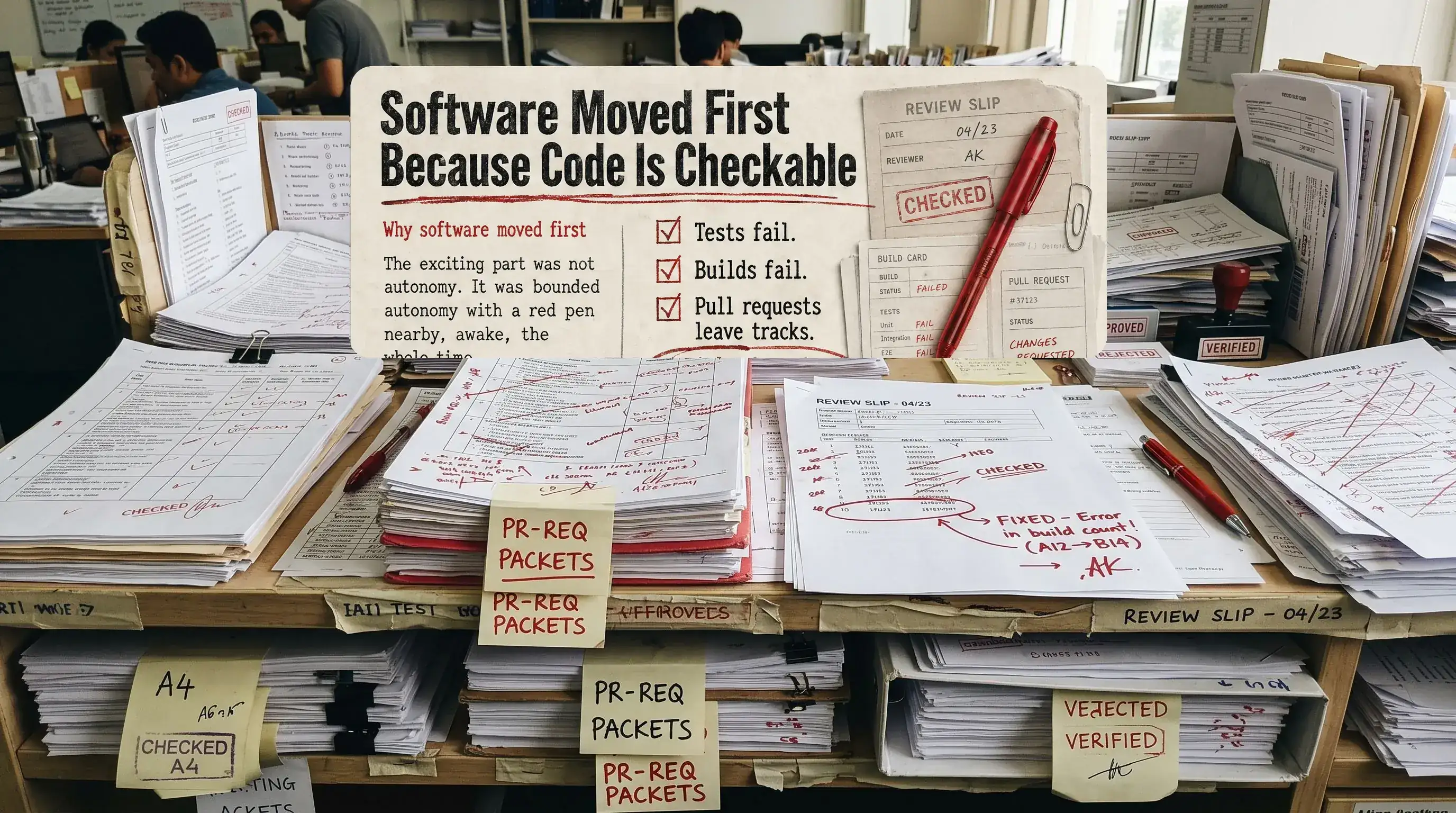 Editorial verification desk with tests, builds, pull requests, red-pen marks, and tracked review surfaces
