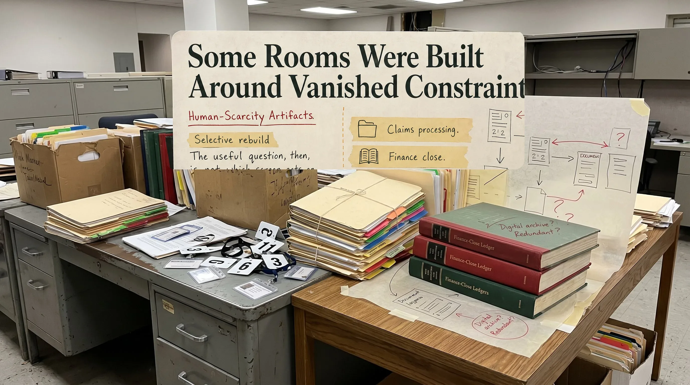 Institutional work room under renovation, with queue badges, claims folders, finance-close ledgers, and redesign marks