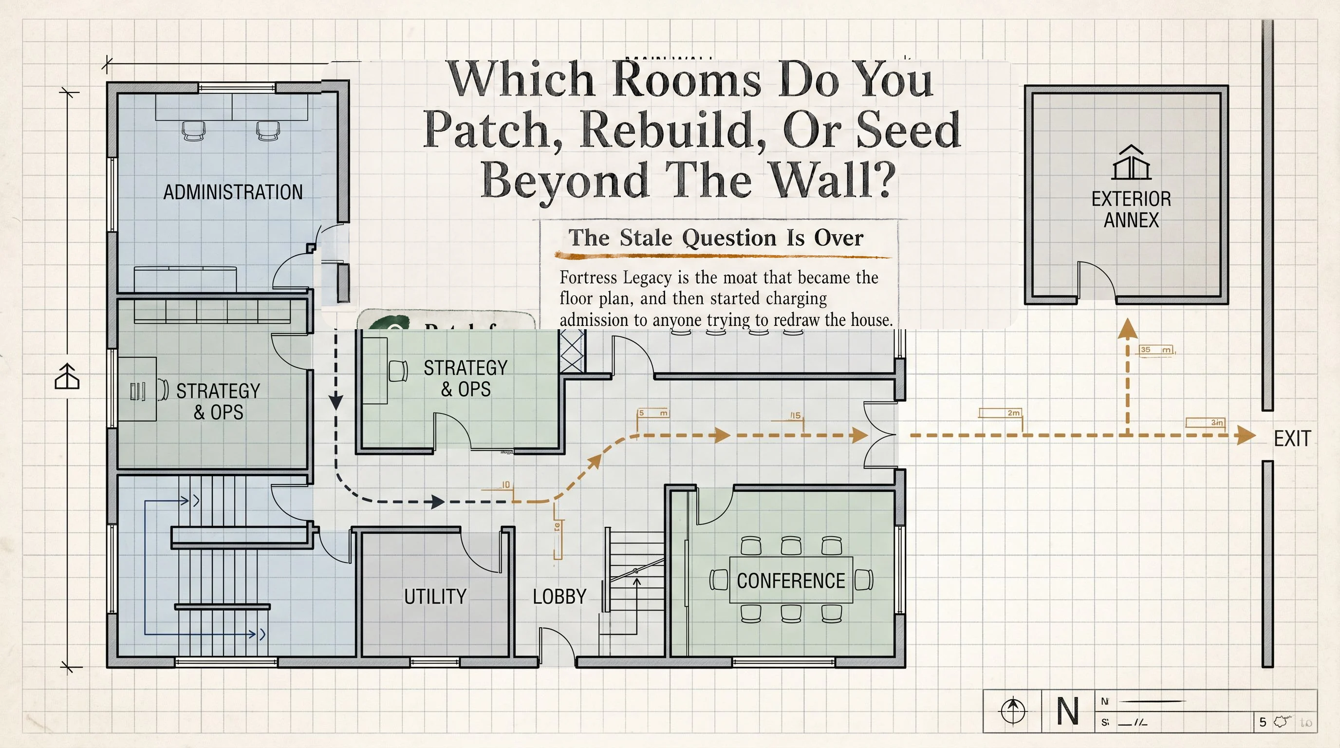 Quiet closing floor plan with marked rooms, one exterior annex, and an open route beyond the main wall