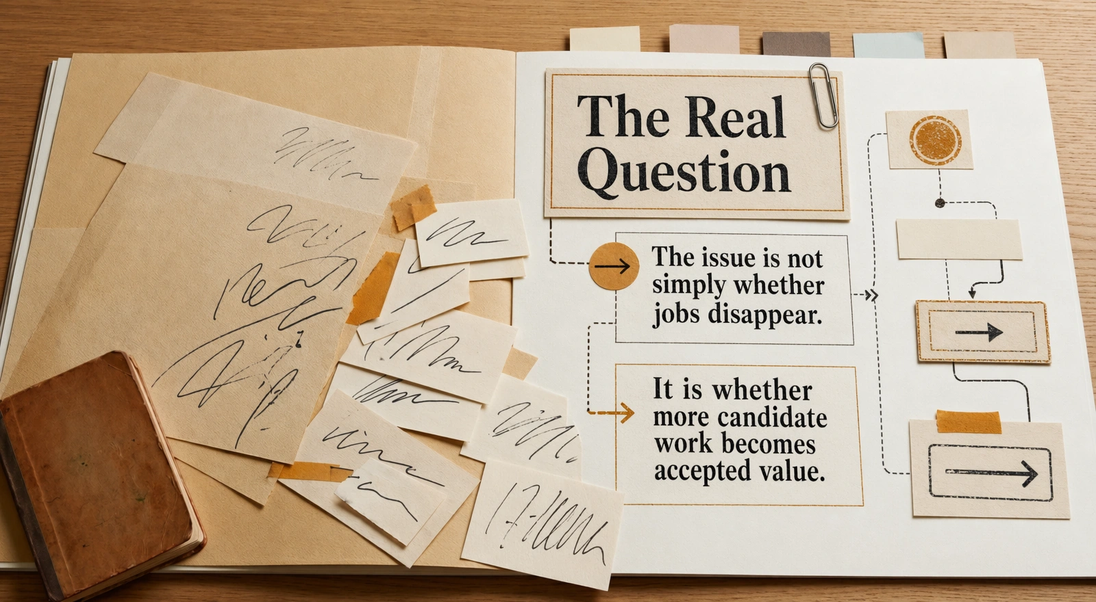 Offset editorial debate spread showing candidate work entering one side and accepted value emerging only after inspection