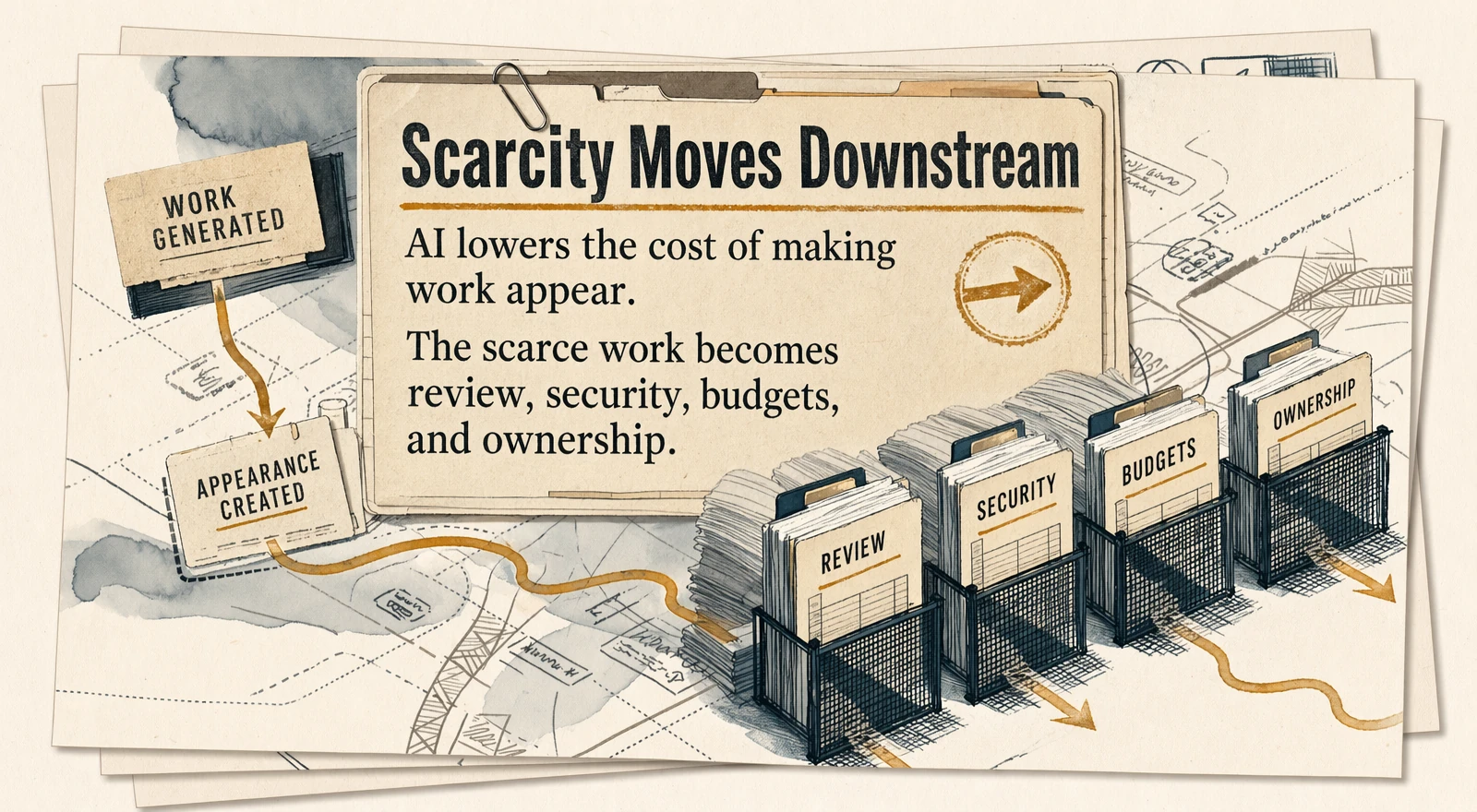 Editorial process landscape where cheap generation widens intake while downstream review and value-capture desks become scarce