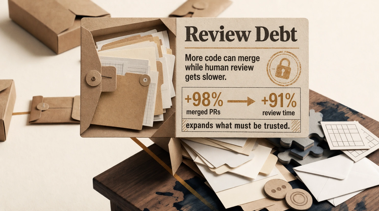 Editorial inspection desk opening one pull-request carton to reveal hidden dependency, permission, config, and secret-risk slips