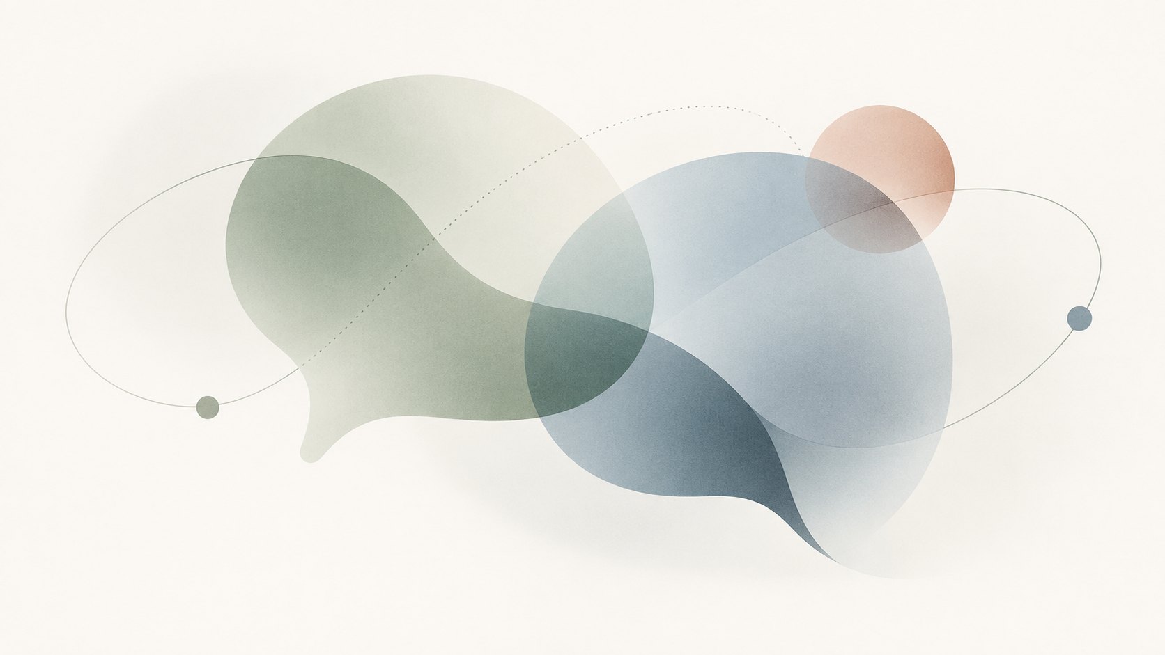 Two overlapping soft forms, one shaped like a speech bubble, circled by a thin orbit line